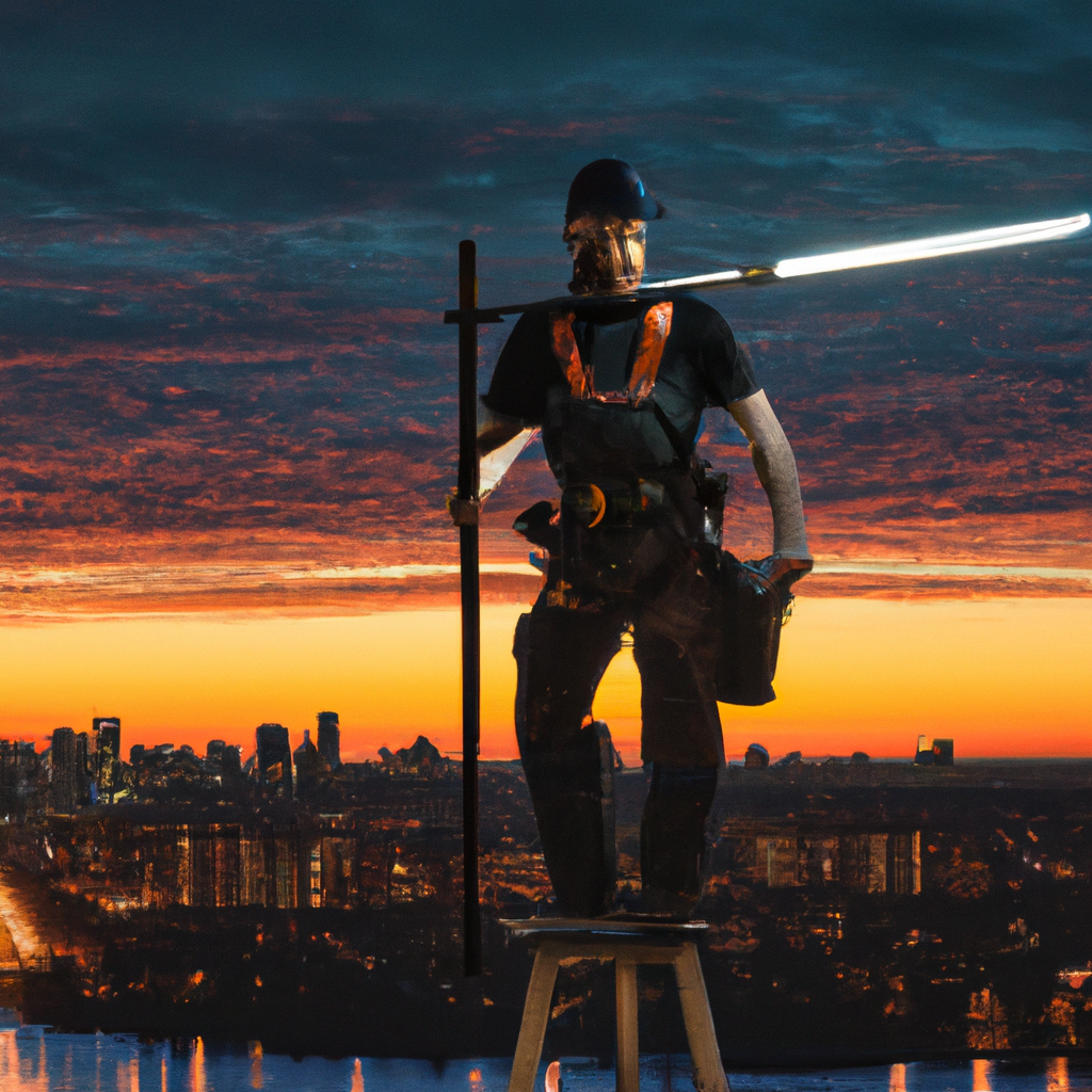 Certified chimney sweep on a Canadian rooftop at sunset using clean tools and safety harness